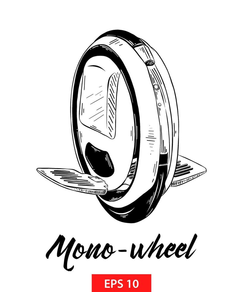 Vector engraved style illustration for posters, decoration and print. Hand drawn sketch of mono-wheel in black isolated on white background. Detailed vintage etching style drawing.