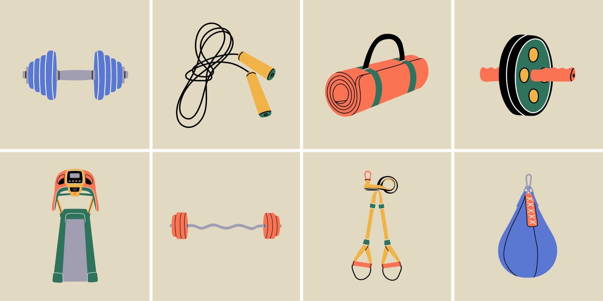 elementos de equipamiento deportivo en estilo moderno de línea plana. inventario de fitness dibujado a mano, ilustraciones vectoriales de accesorios de gimnasio. estilo de vida saludable. mancuerna, barra, saco de boxeo, colchoneta de yoga, cuerda para saltar. vector