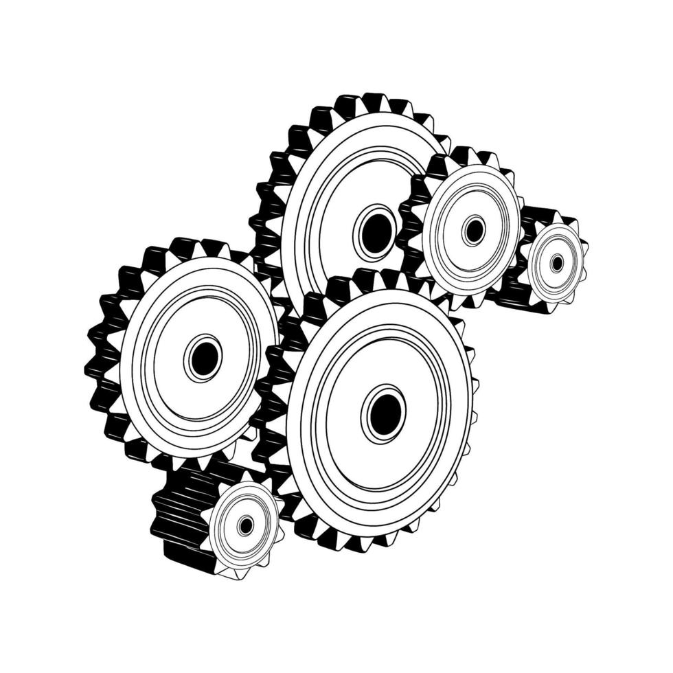 Vector engraved style illustration for posters, decoration and print. Hand drawn sketch of mechanical gears in black isolated on white background. Detailed vintage etching style drawing.