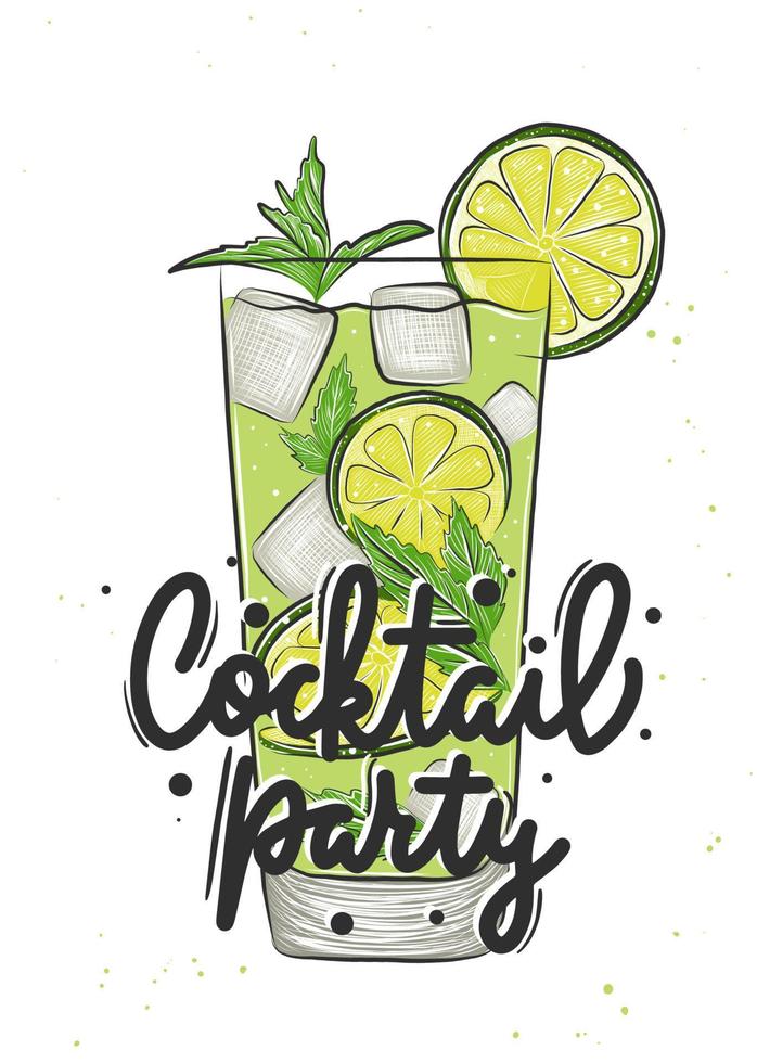 Vector engraved style Mojito alcoholic cocktail illustration for posters, decoration, menu. Hand drawn drink or beverage sketch with lettering, Cocktail party. Detailed colorful drawing.