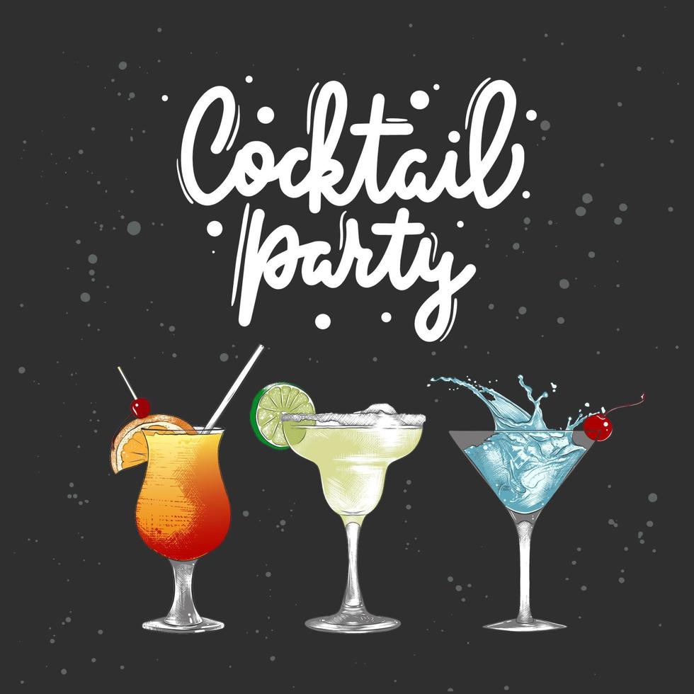 Vector engraved style alcoholic cocktails illustration set for posters, decoration, menu. Hand drawn drink or beverage sketch with lettering, Cocktail party. Detailed colorful drawing.