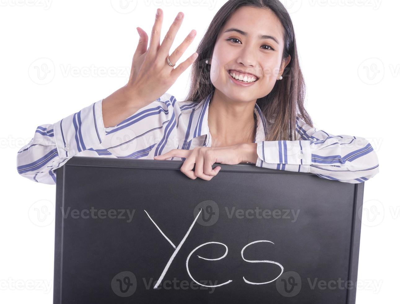 Beautiful Asian female model pointing on wedding ring on her hand and holding blackboard with YES sign on it. photo