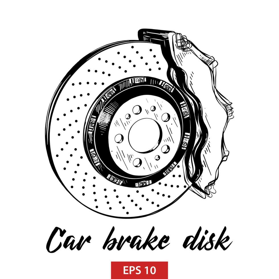 Vector engraved style illustration for posters, decoration and print. Hand drawn sketch of car brake disk in black isolated on white background. Detailed vintage etching style drawing.