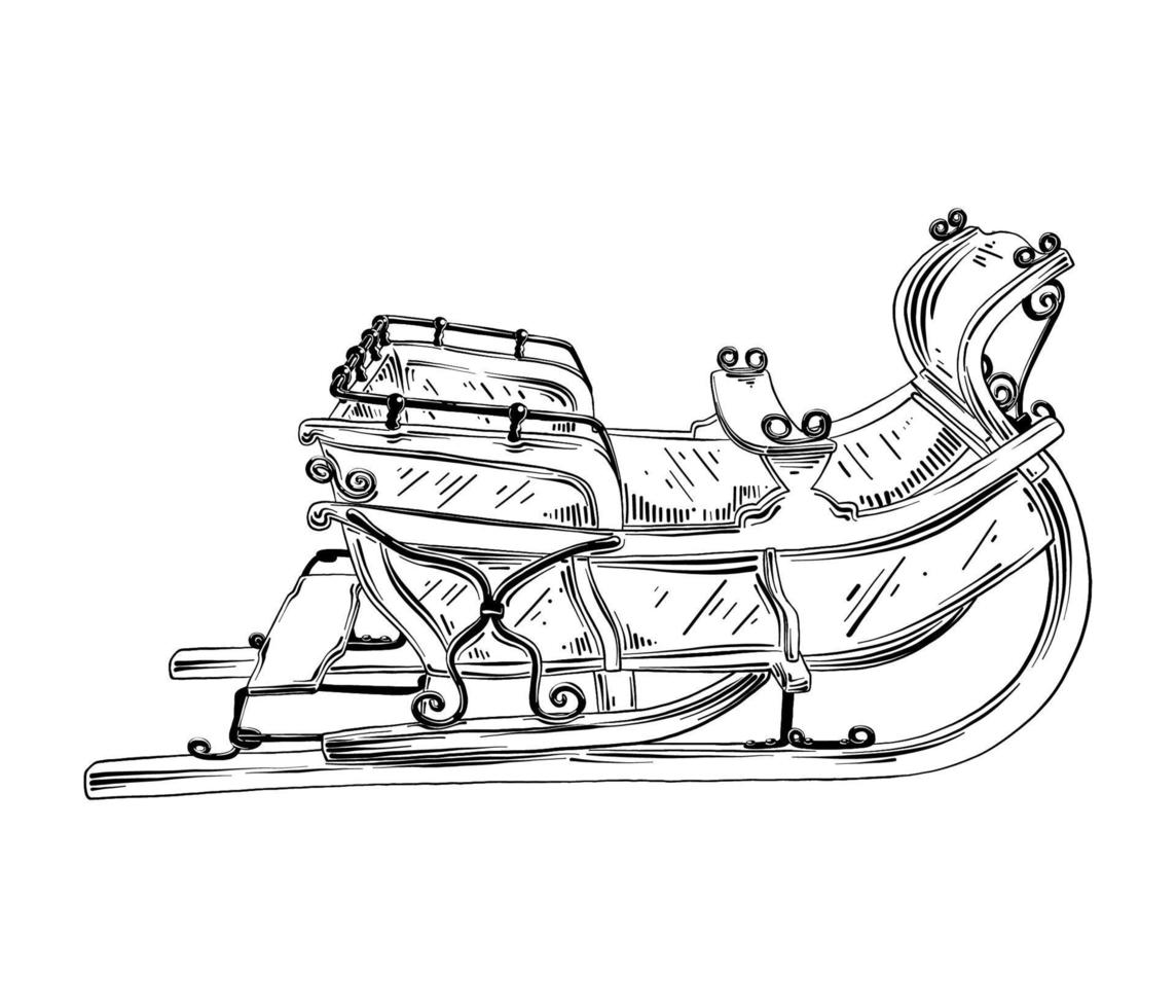 Vector engraved style illustration for posters, decoration and print. Hand drawn sketch of Christmas sleigh in black isolated on white background. Detailed vintage etching style drawing.