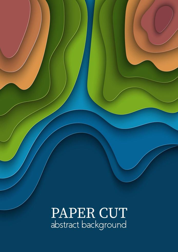 cubierta vectorial vertical, volantes verdes azules con formas de ondas cortadas en papel, mapa mundial de la tierra, ecología. Arte abstracto 3d, diseño de diseño para presentaciones, volantes, carteles, impresiones, decoración, tarjetas, folletos vector