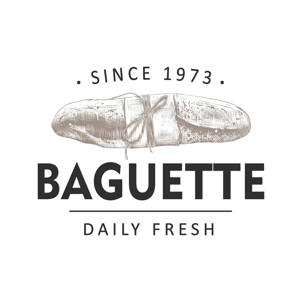 Vintage style bakery shop label, badge, emblem, logo. Monochrome graphic art with engraved design baguette element. Collection of hand drawn vector graphic on white background.