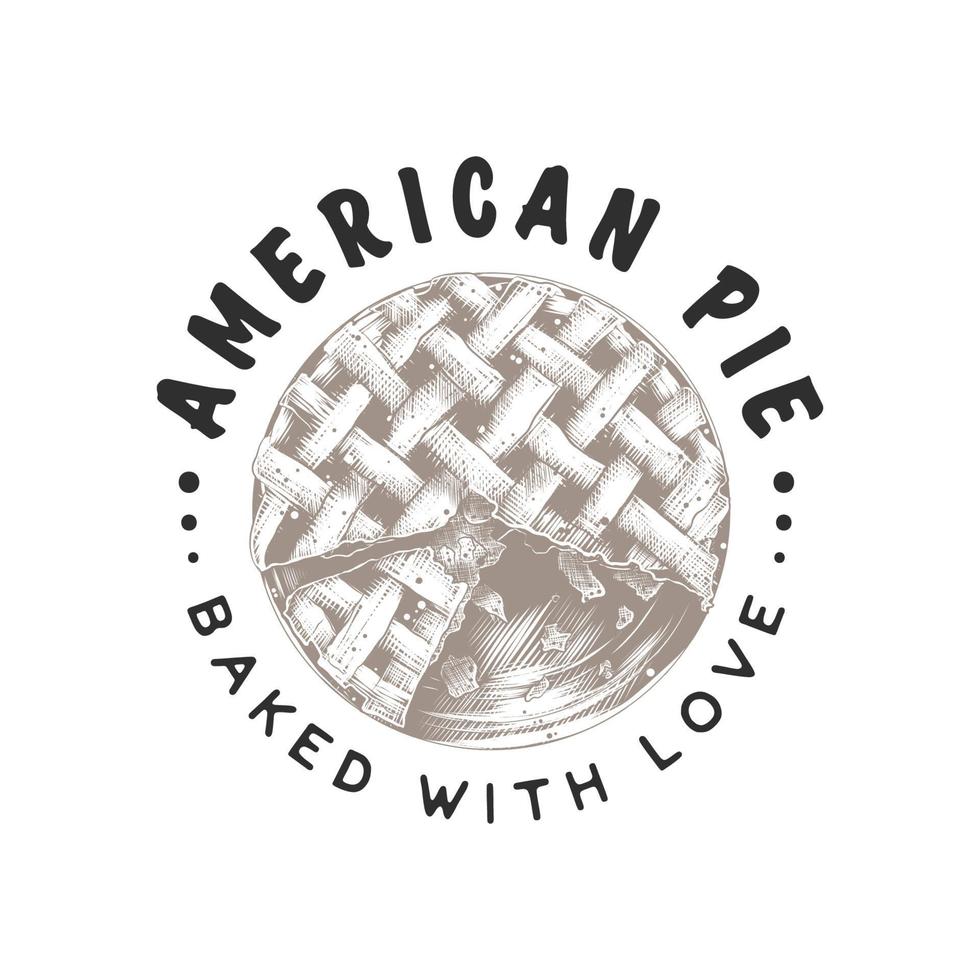 Vintage style bakery shop label, badge, emblem, logo. Vector illustration. Graphic art with engraved design element of American pie. Linear graphic isolated on white background.