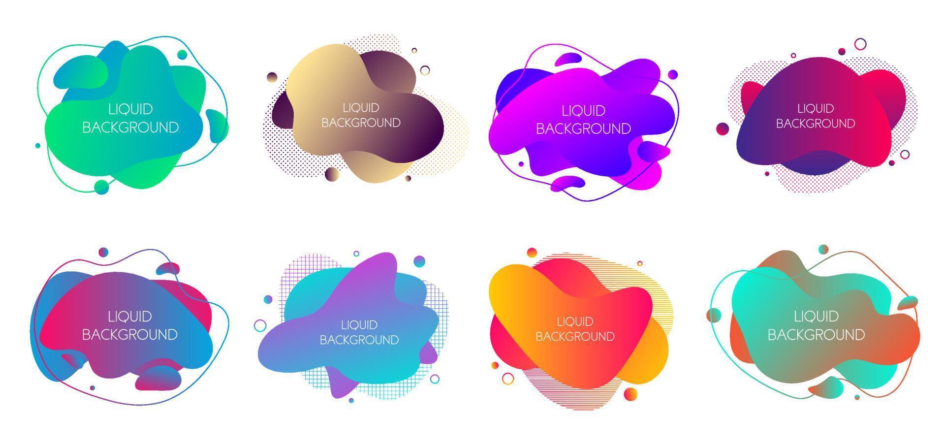 Set of 8 abstract modern graphic liquid elements. Dynamical waves different colored fluid forms. Isolated banners with flowing liquid shapes. Template for the design of a logo, flyer or presentation vector