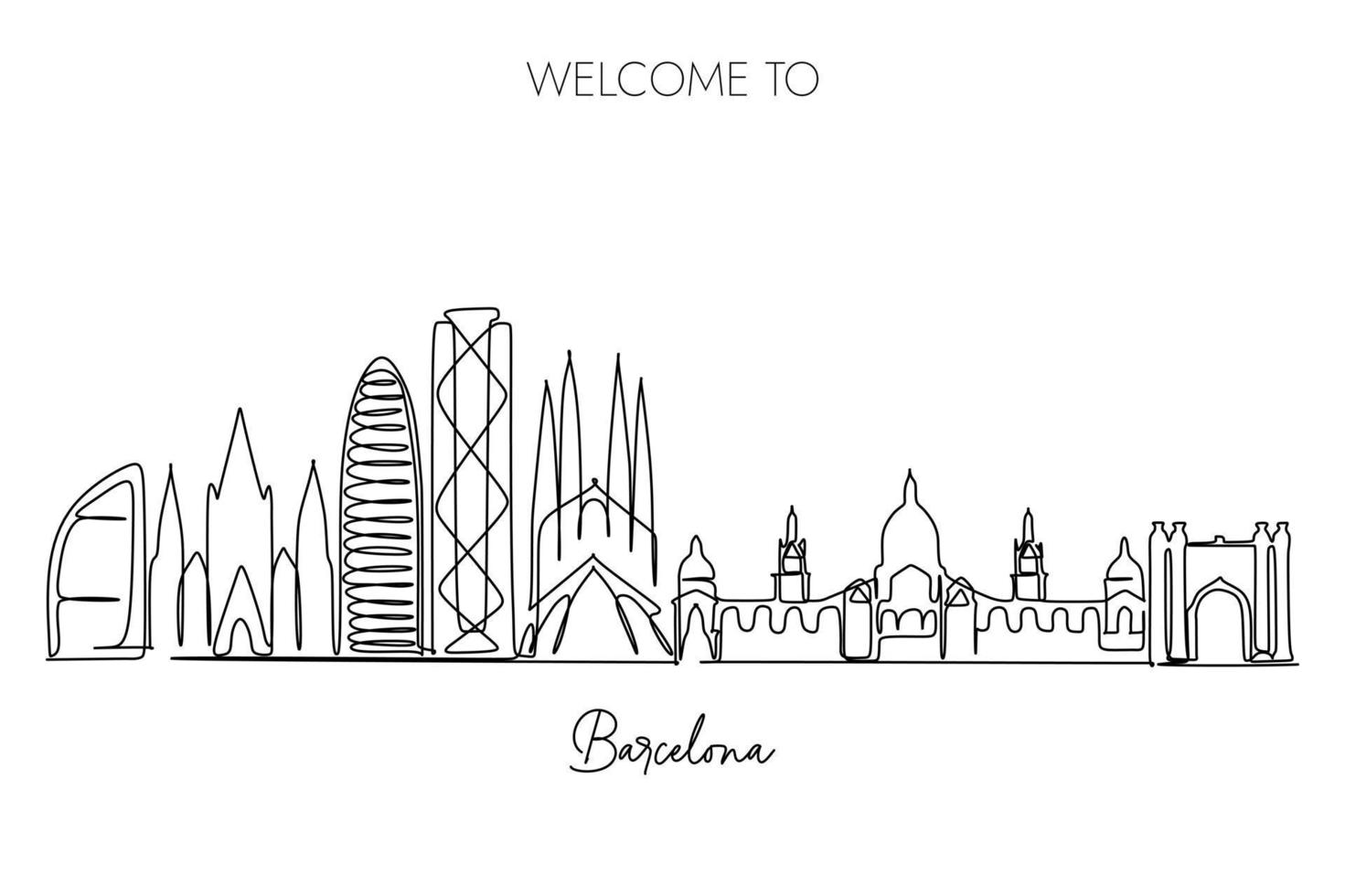Barcelona skyline one continuous line drawing on white background, Hand drawn style design for travel and tourism illustration vector