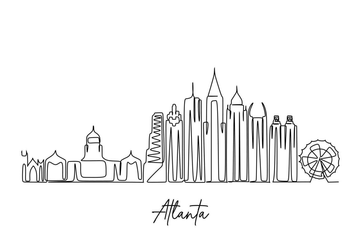 Atlanta single continuous line drawing. Atlanta skyline vector World landscape tourism travel vacation poster print wall decor art. Stylish single line draw design vector illustration