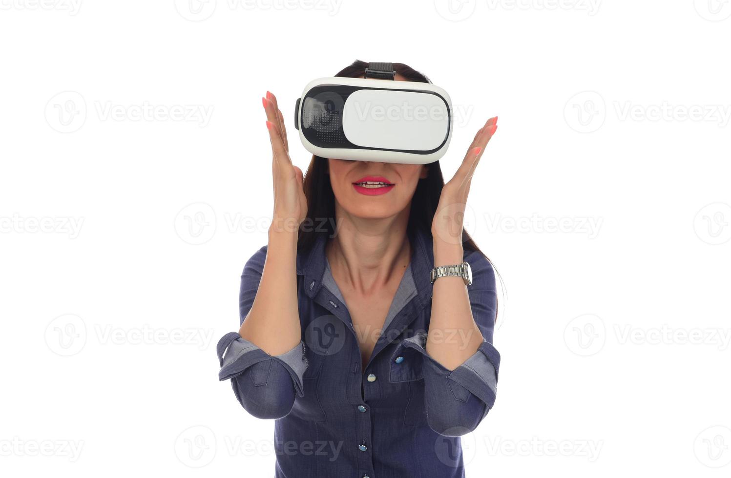 Beautiful Woman wearing VR Virtual Reality Headset with Interface photo