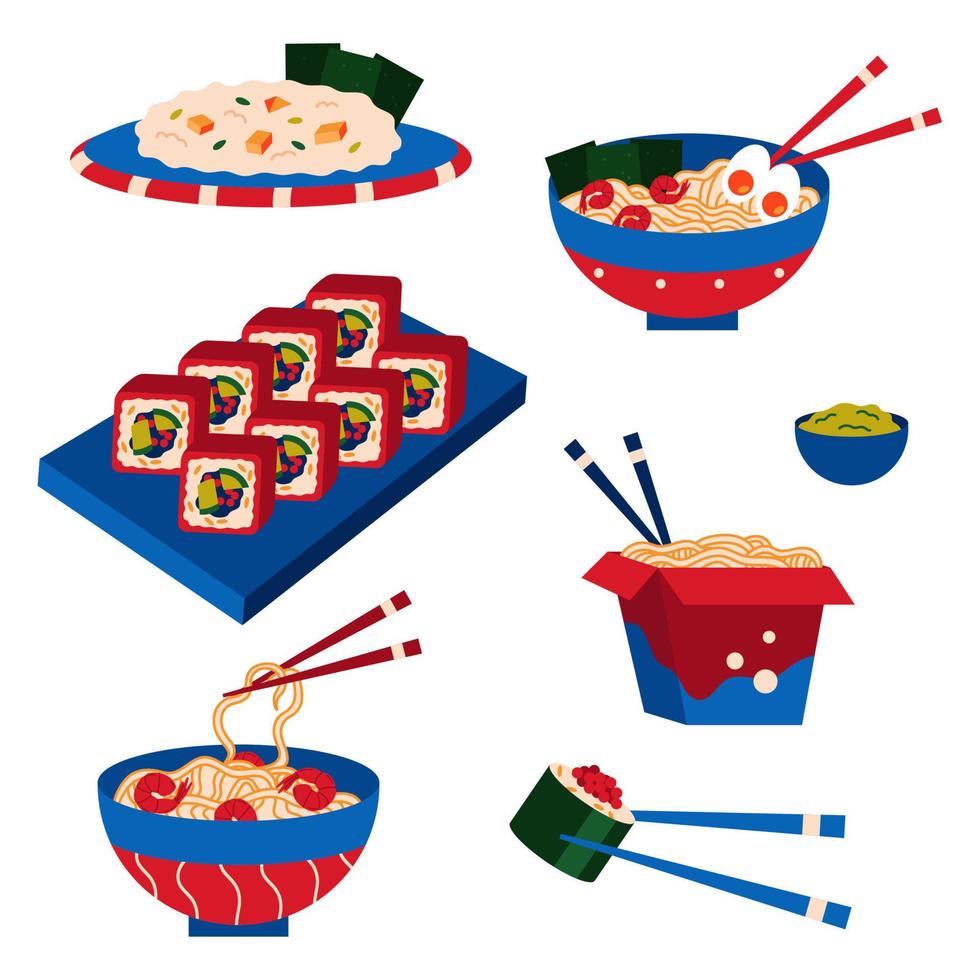 colorido juego de comida asiática. ramen de sopa china, arroz con carne, sushi, fideos y salsas aisladas en un fondo blanco. vector