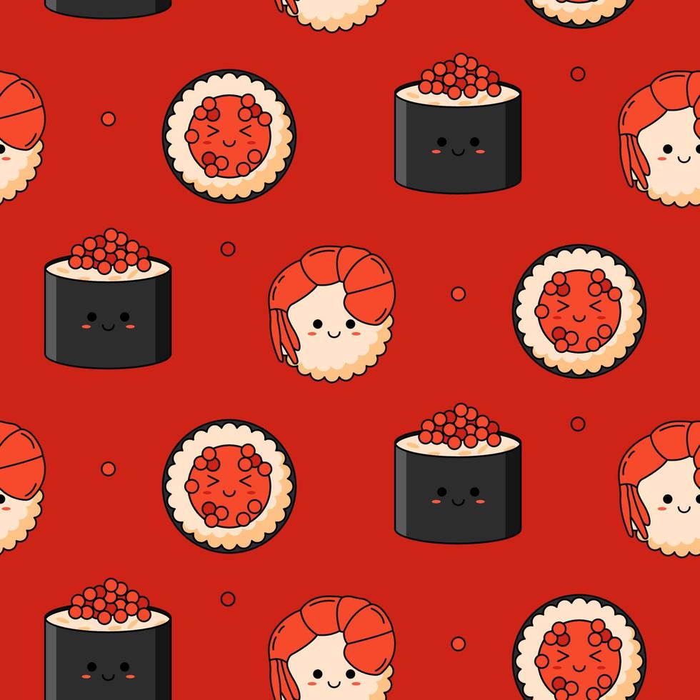 Seamless pattern with various kawaii sushi on red background. vector