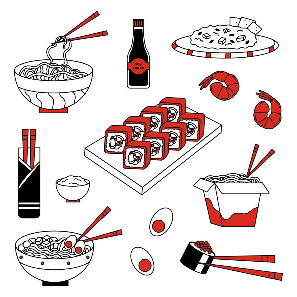 Asian food doodle set. Chinese soup ramen, rice with meat, sushi, noodles and sauces isolated on a white background. vector