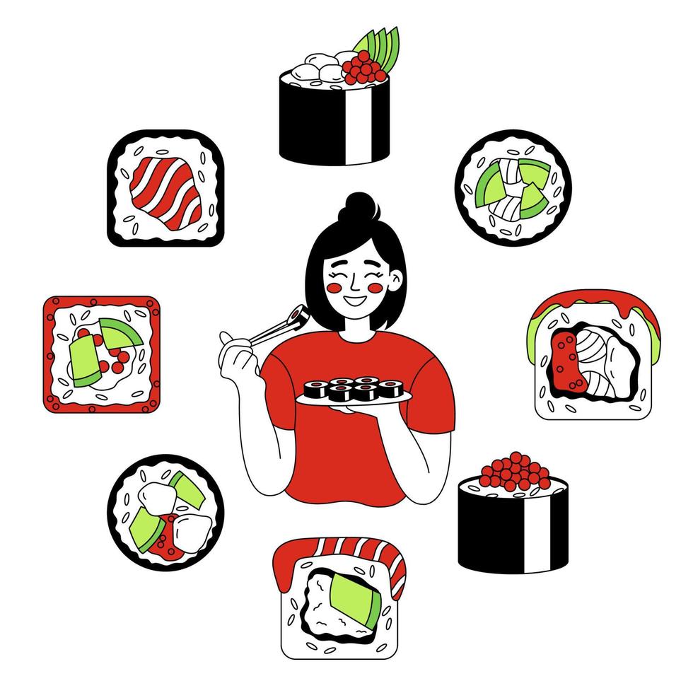 Young woman eating sushi with chopsticks isolated on white background. Various sushi around. vector