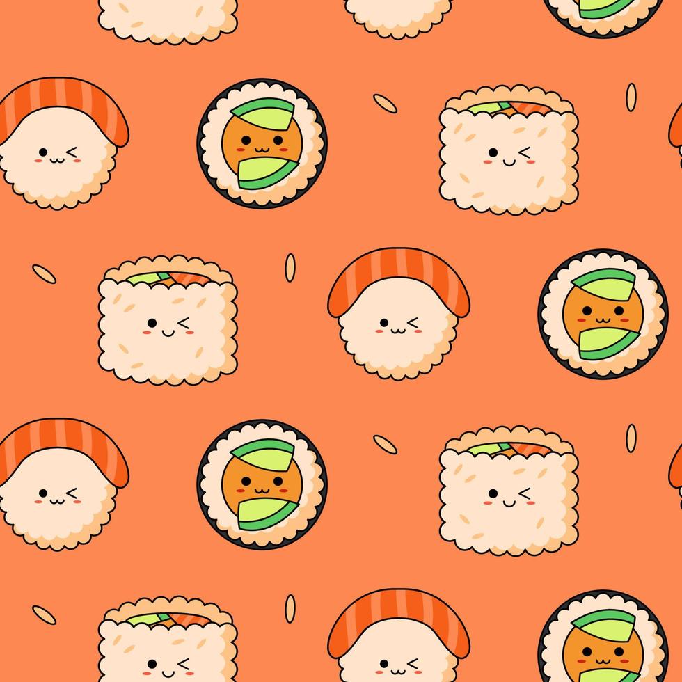 patrón impecable con varios sushi kawaii sobre fondo naranja. vector