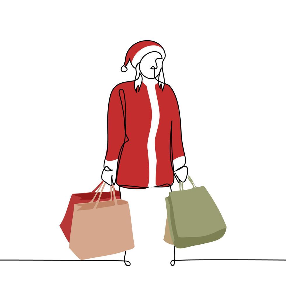 mujer vestida como santa claus con paquetes completos - vector de dibujo de una línea. concepto de compras en nochevieja y navidad