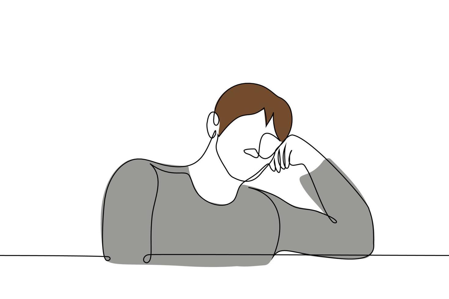 man sitting with his head down to the left leaning on his hand - one line drawing vector. concept fatigue, reflections, tiredness, drowsiness vector