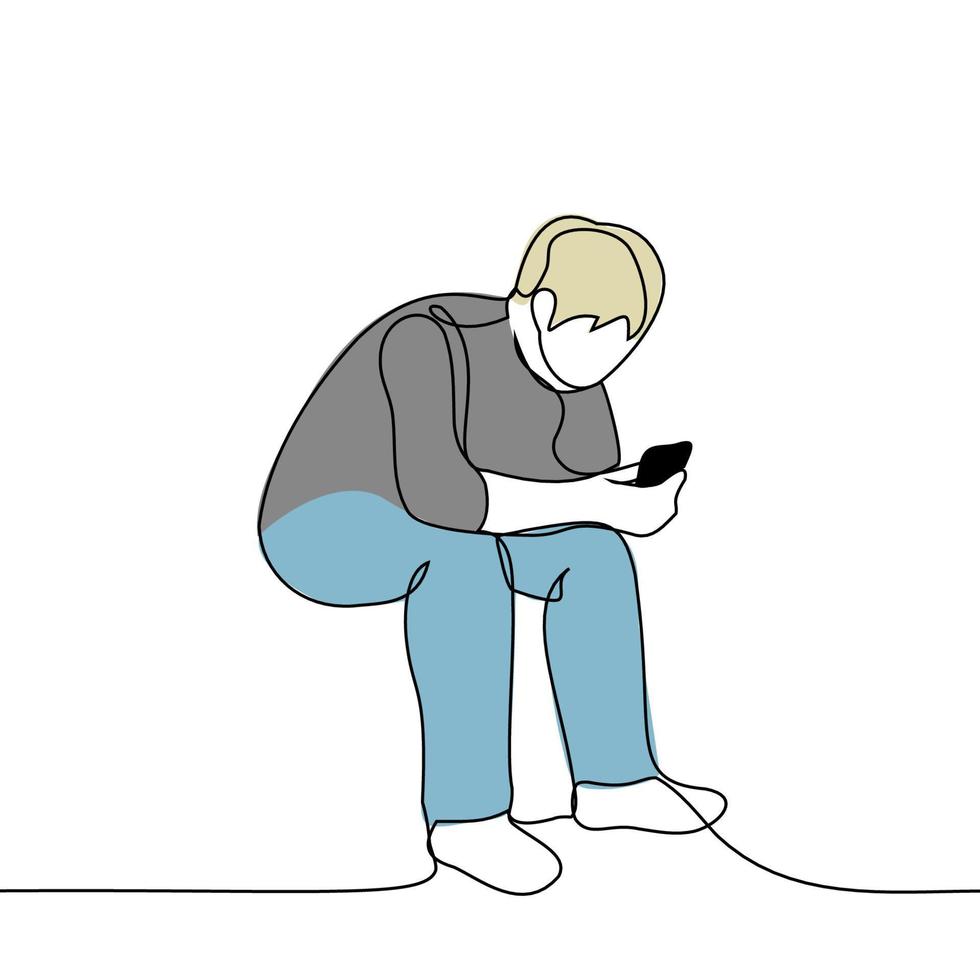 man sits with a phone in his hand and swipes - one line drawing vector