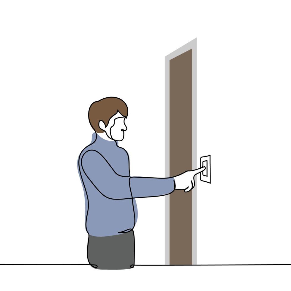 a man stands in front of a door and presses the doorbell - one line drawing vector