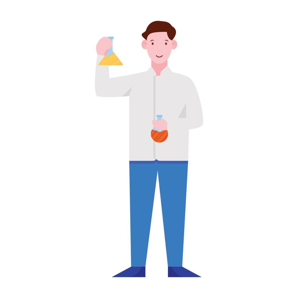 Chemist illustration in trendy design person holding test tubes in hands vector