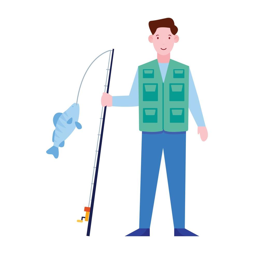 un avatar de pescador en avatar de personaje plano con caña de pescar vector