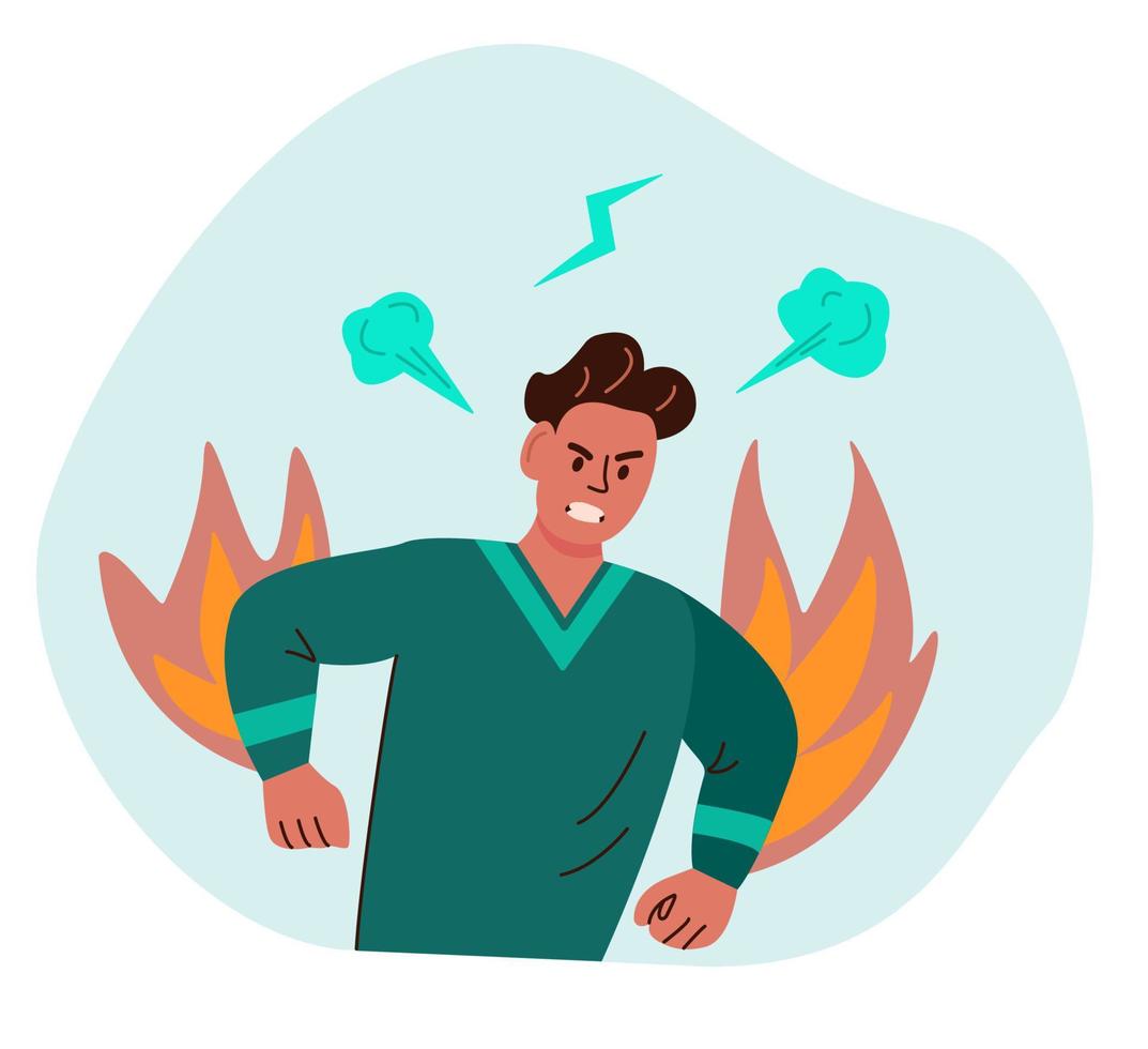 Unhappy guy under pressur of stress, anger, fury and rage or overload by psychological problem. vector