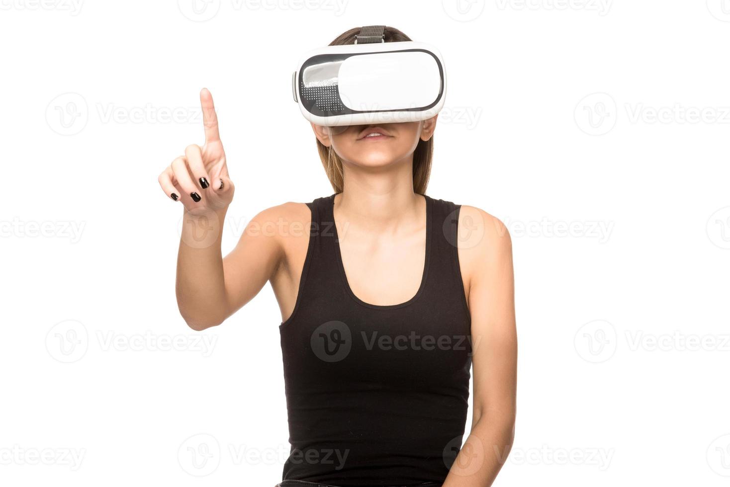 Beautiful Woman wearing VR Virtual Reality Headset with Interface photo