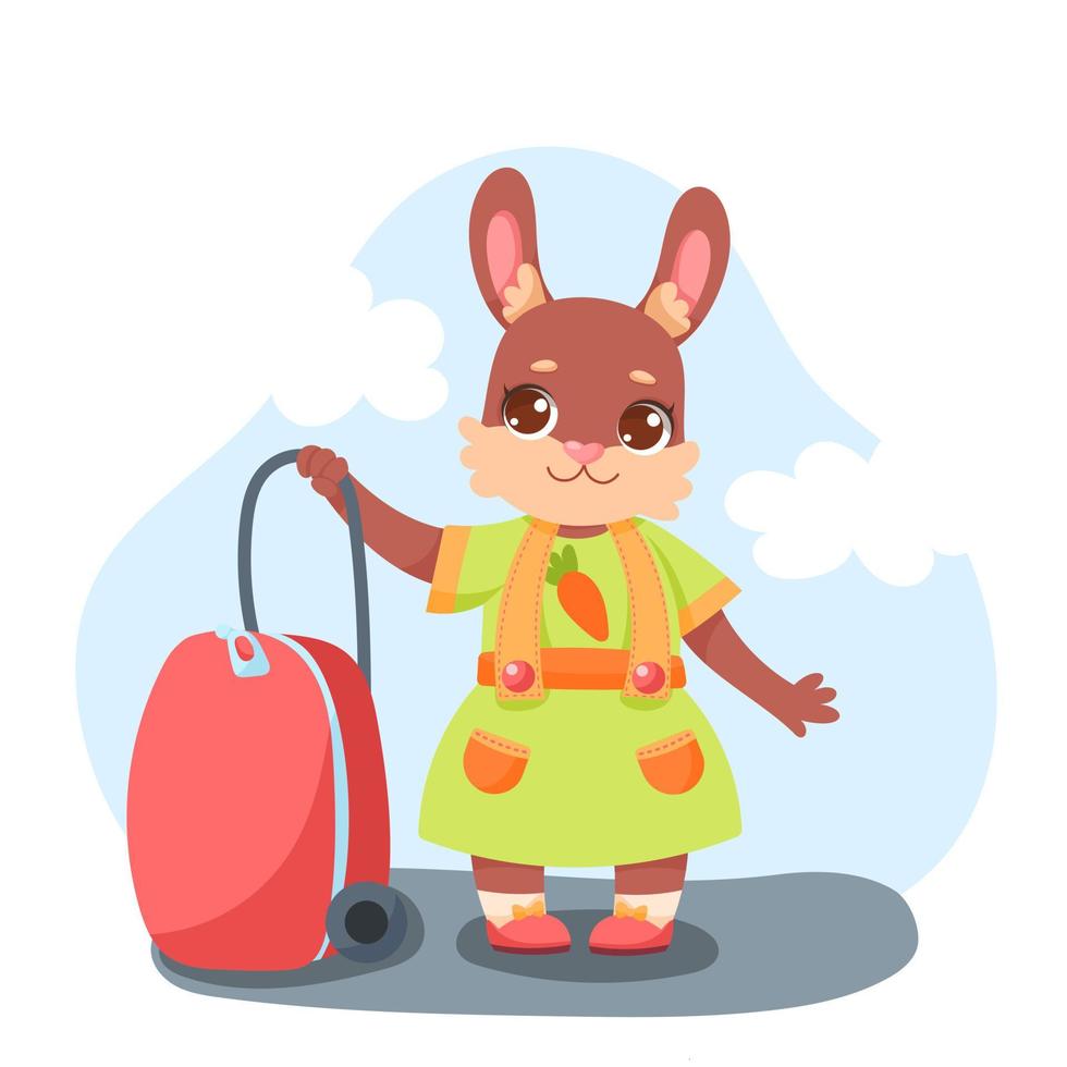 lindo conejo de dibujos animados en un vestido verde con una zanahoria y con una maleta roja vector