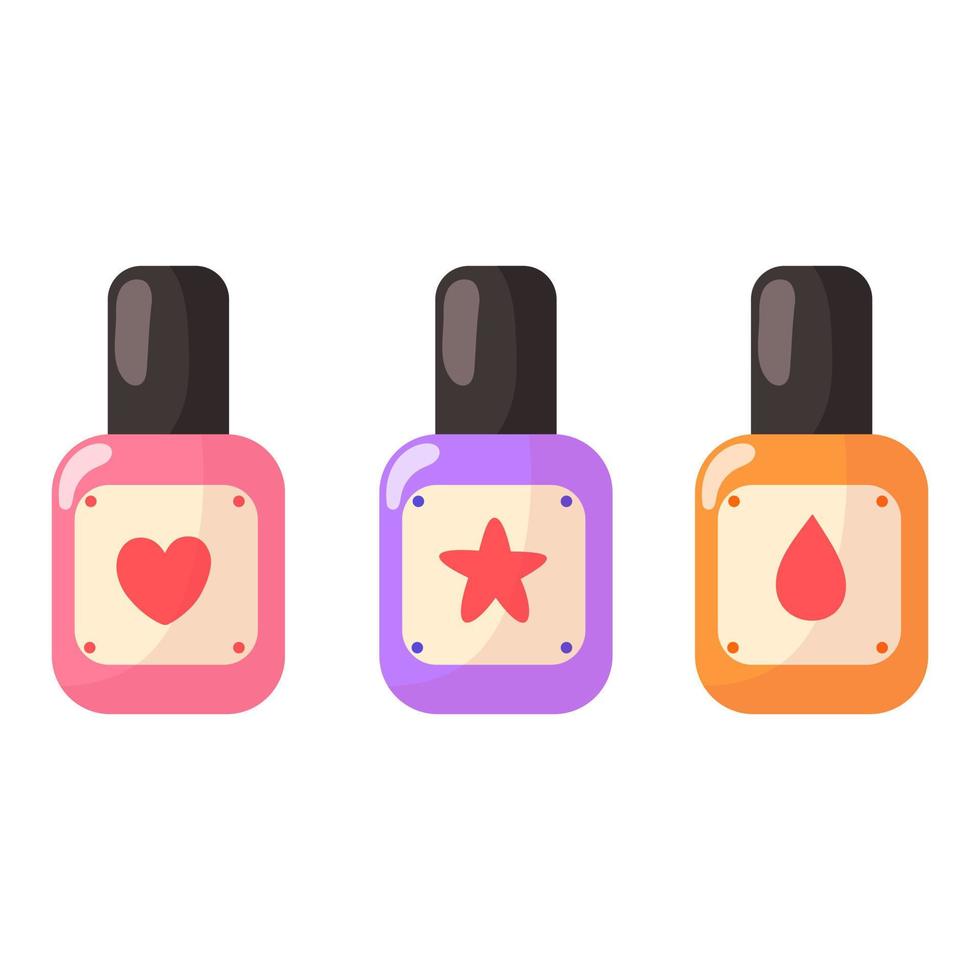 A set of three bottles of pink, purple and yellow nail polish. Vector objects on a white background.