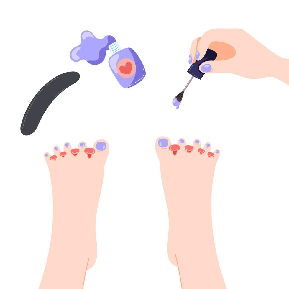vista superior vectorial del proceso de pintar uñas de los pies con la imagen de barniz y lima de uñas vector