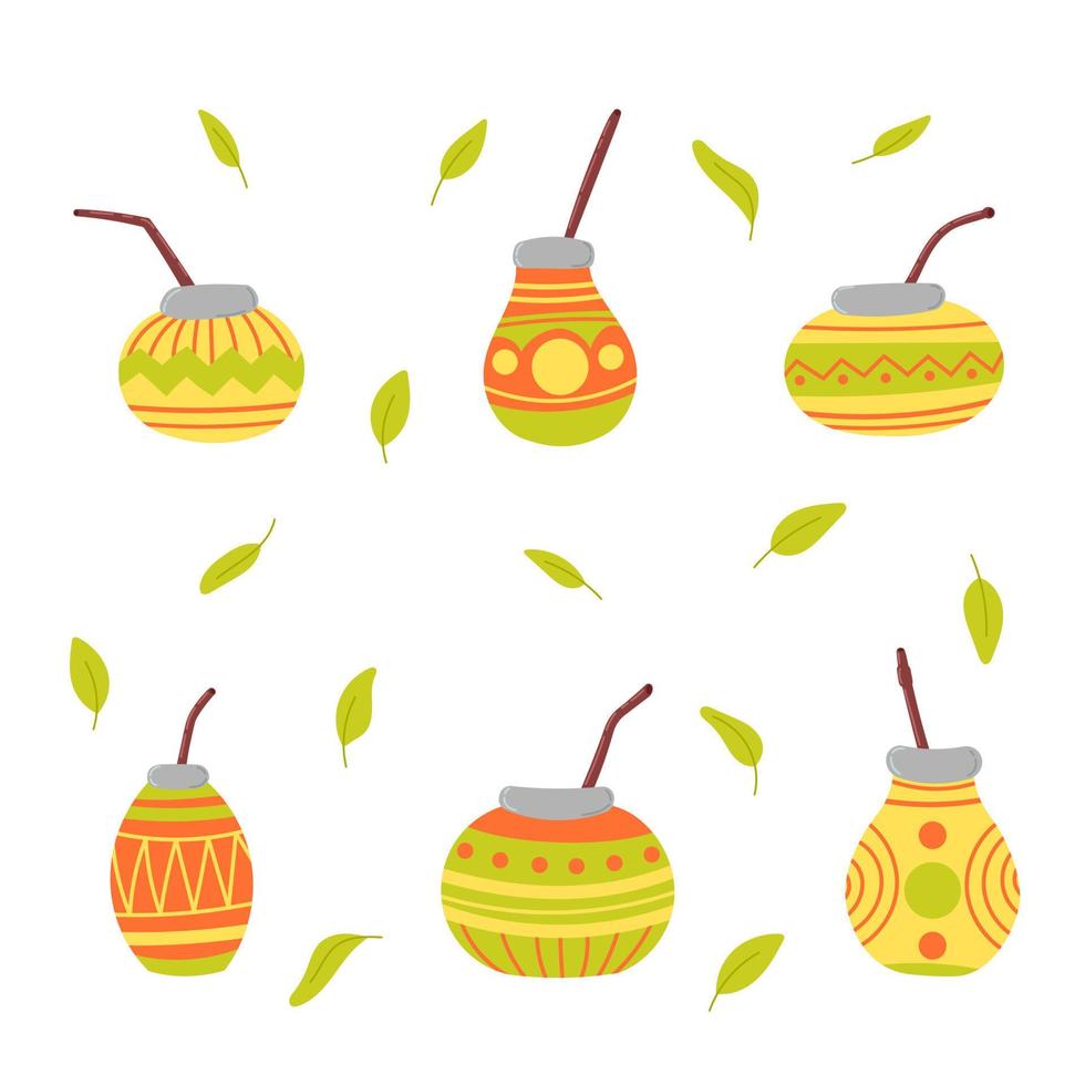 Set of a several various colorful calabashes images surrounded with yerba mate leaves vector