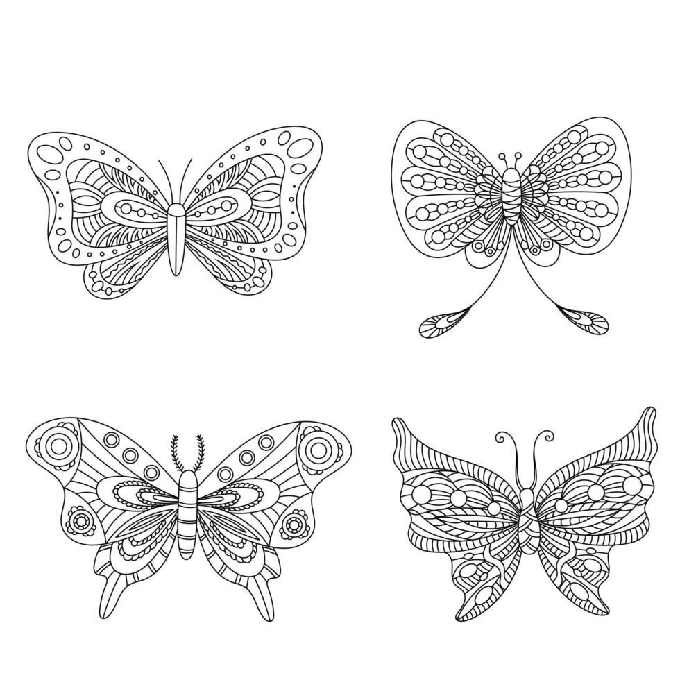 conjunto de cuatro imágenes de mariposas vectoriales para colorear libro vector