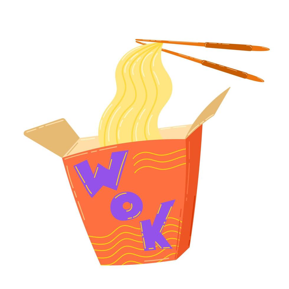 Opened orange wok box image with yellow noodles and chopsticks vector