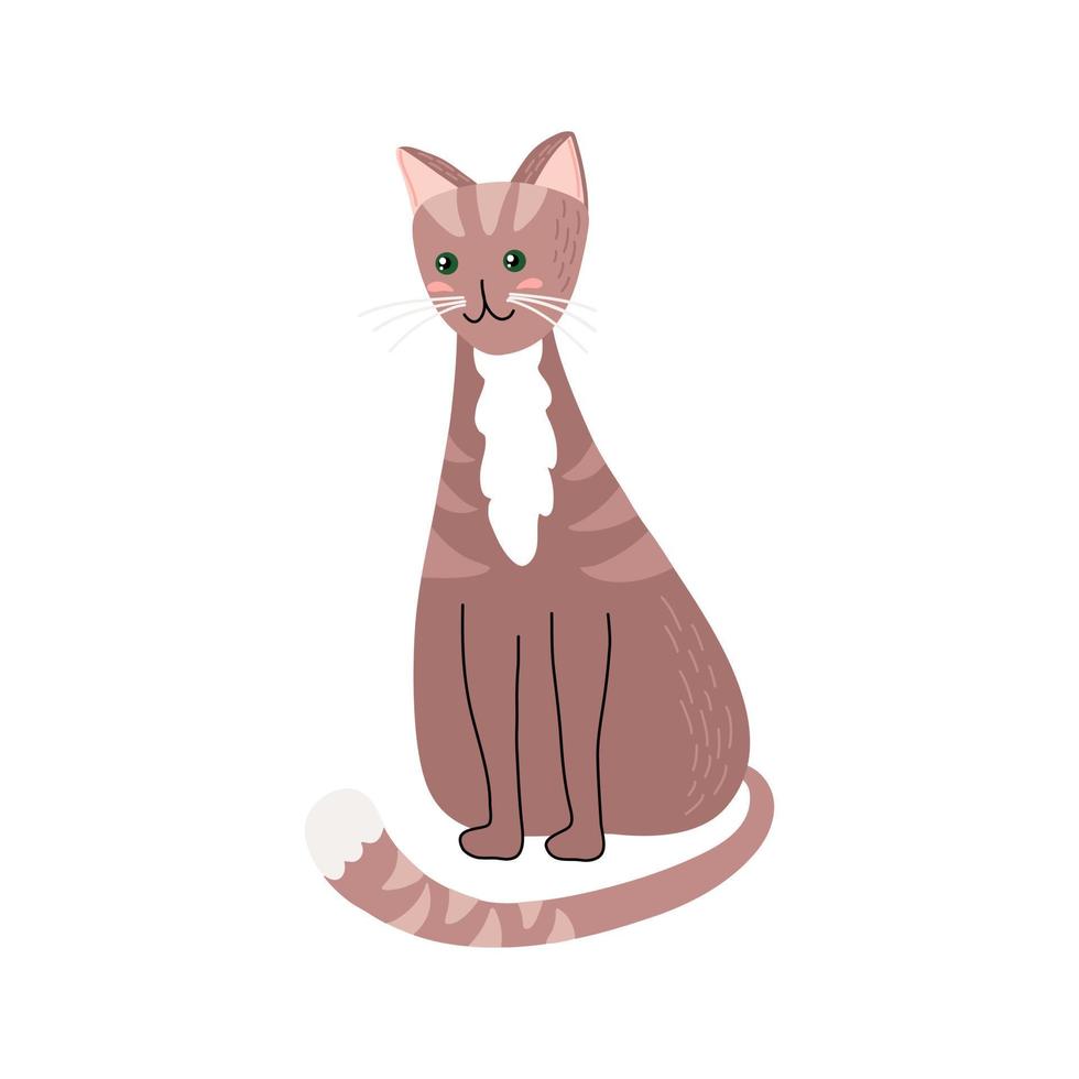 adorable gato dibujado a mano sentado y sonriendo. lindo animal de compañía aislado en blanco. ilustración vectorial de estilo plano. vector