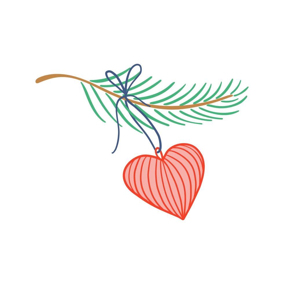 decoración del árbol de Navidad aislado en blanco. corazón decorativo en ramita de pino. ilustración vectorial dibujada a mano estilo garabato. vector