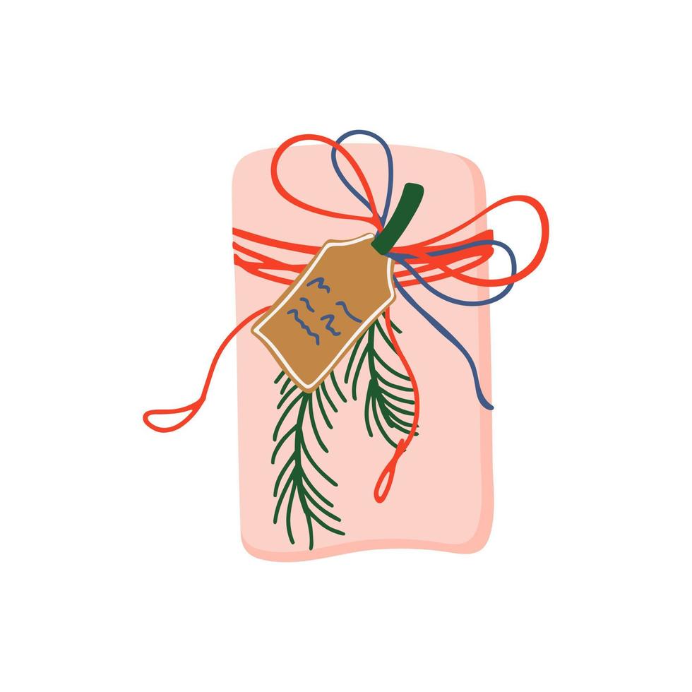 Gift box packaged with pink paper, string, pine and label. Winter holiday present. Flat style single vector illustration.