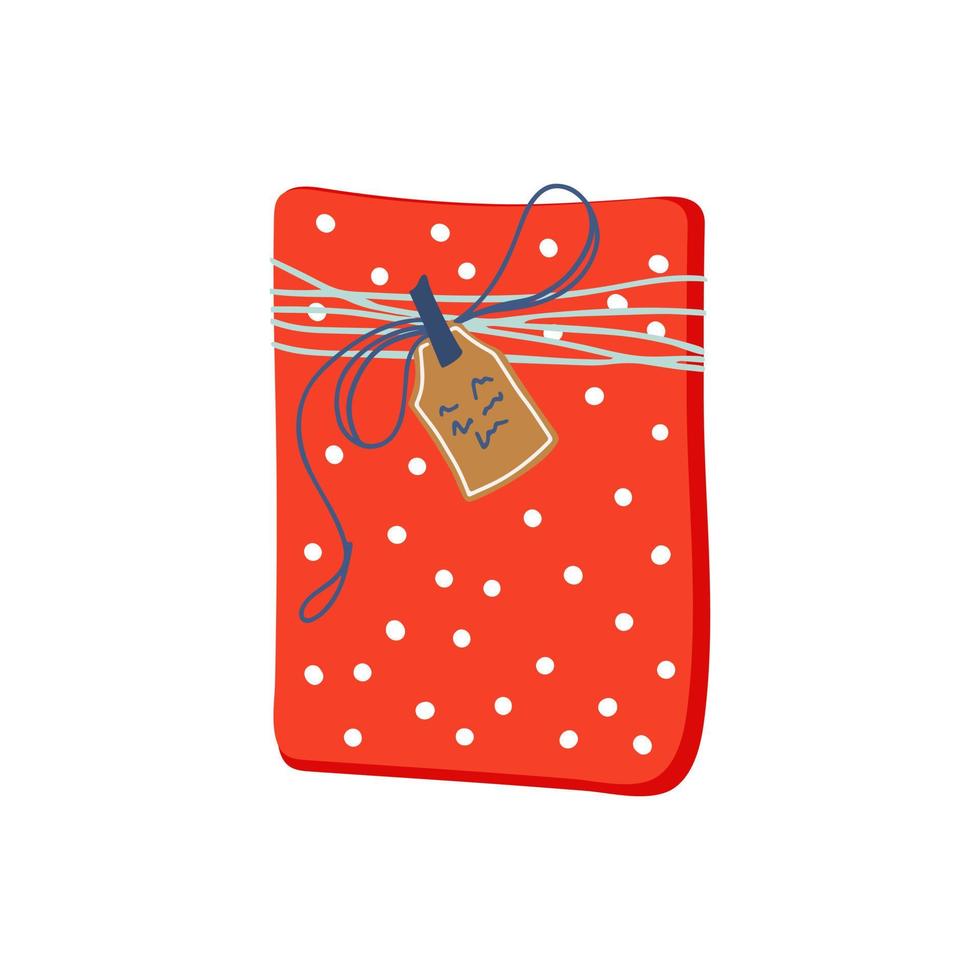 caja de regalo empaquetada con papel, cuerda y etiqueta adornados con lunares rojos. hermoso regalo de vacaciones. ilustración vectorial única de estilo plano. vector