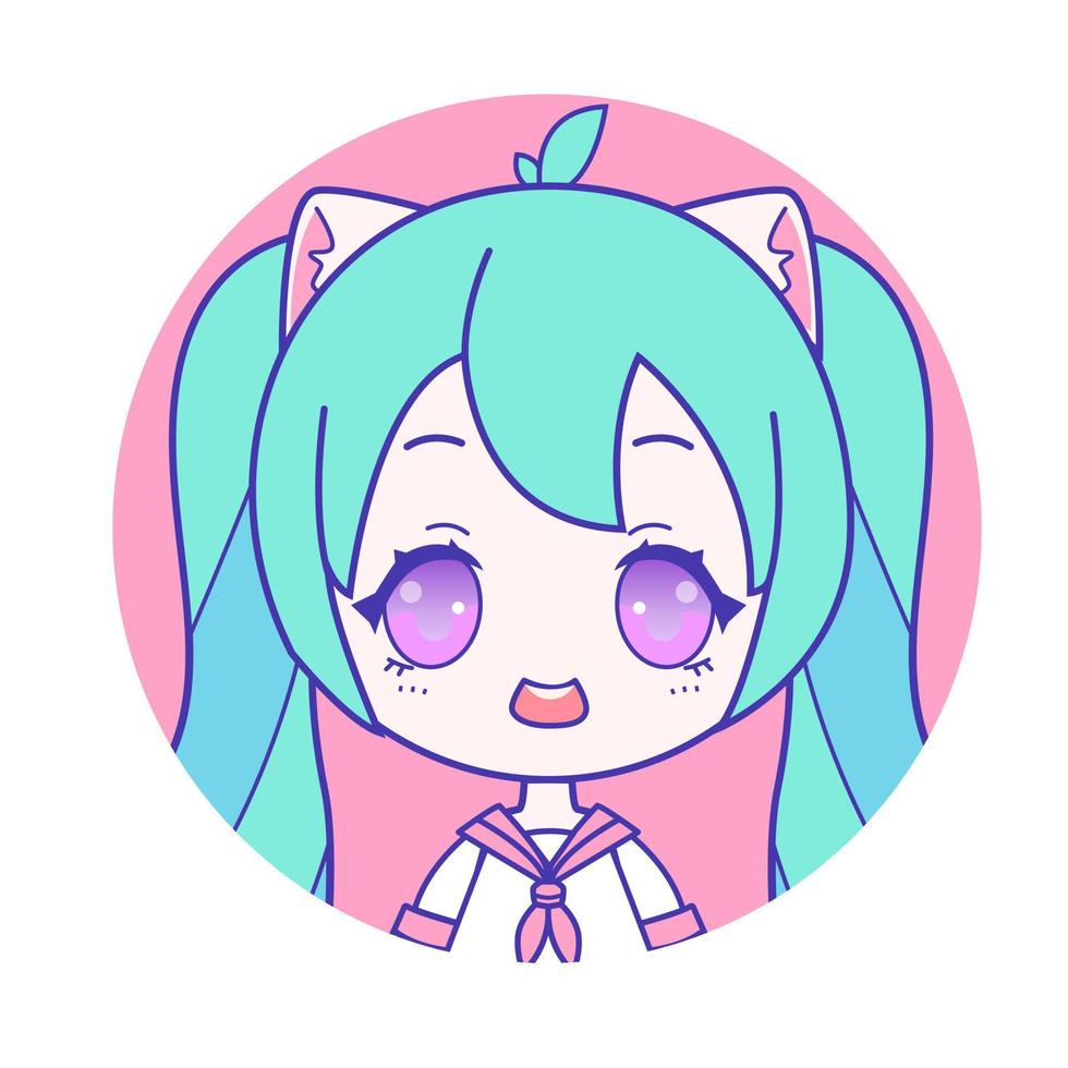 retrato chibi de una linda chica otaku con dos colas verdes y orejas de gato usando marinero fuku vector