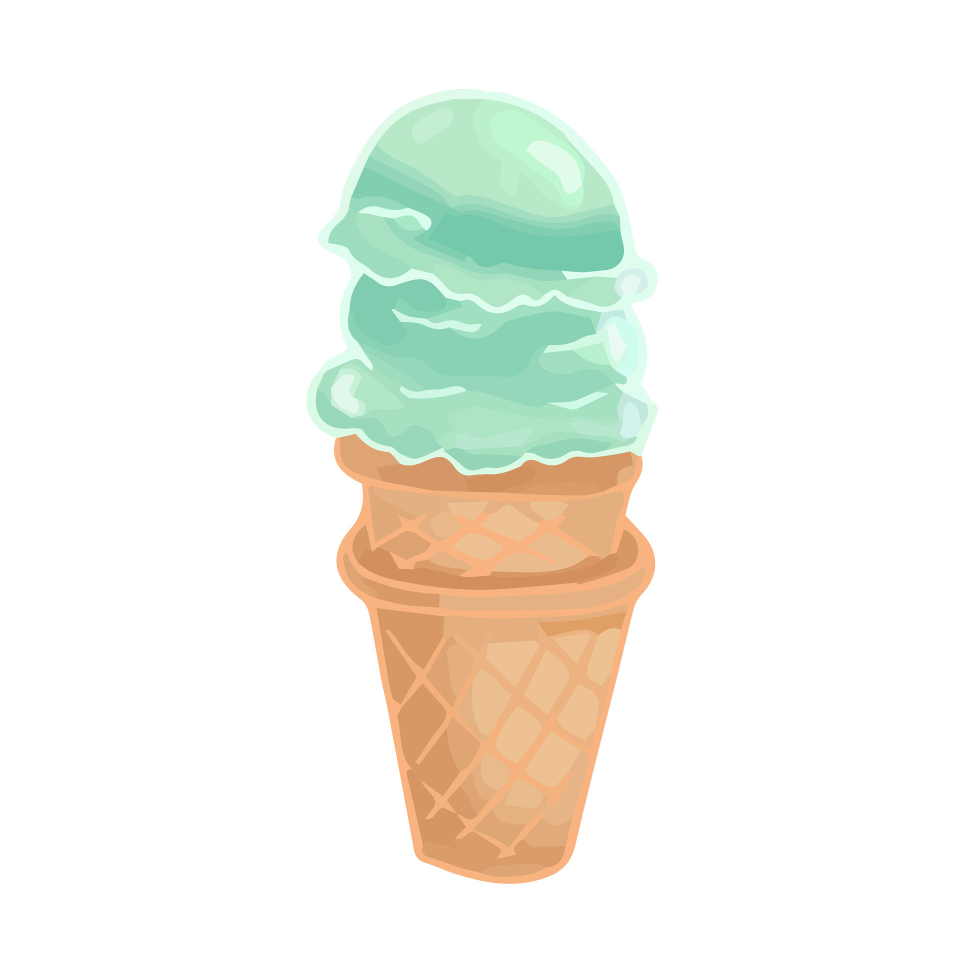 Handdrawn cute isolated clip art illustration of green ice cream cone