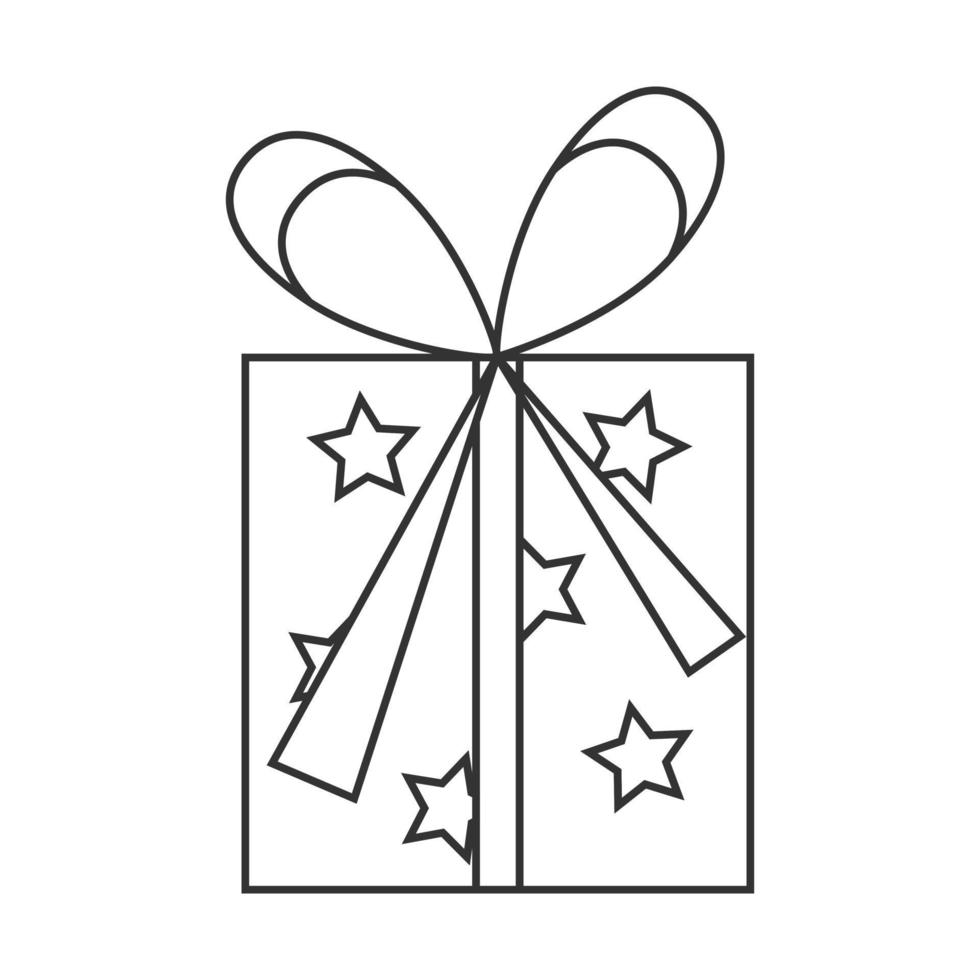 Vector black and white illustration. A gift box with stars