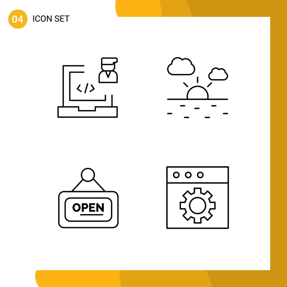 conjunto moderno de 4 colores planos y símbolos de línea de llenado, como elementos de diseño de vectores editables cálidos y abiertos para portátiles de placa de codificación