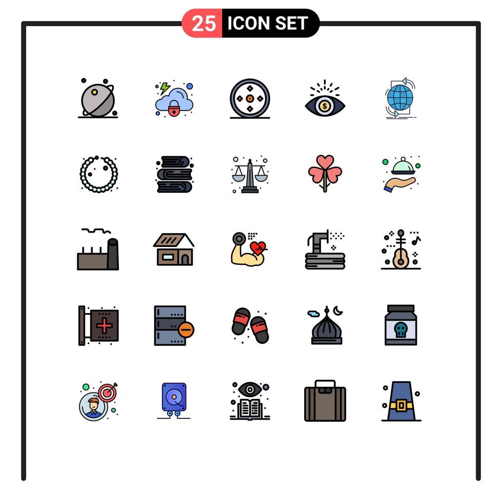 Pack of 25 creative Filled line Flat Colors of global money eye security investment target Editable Vector Design Elements
