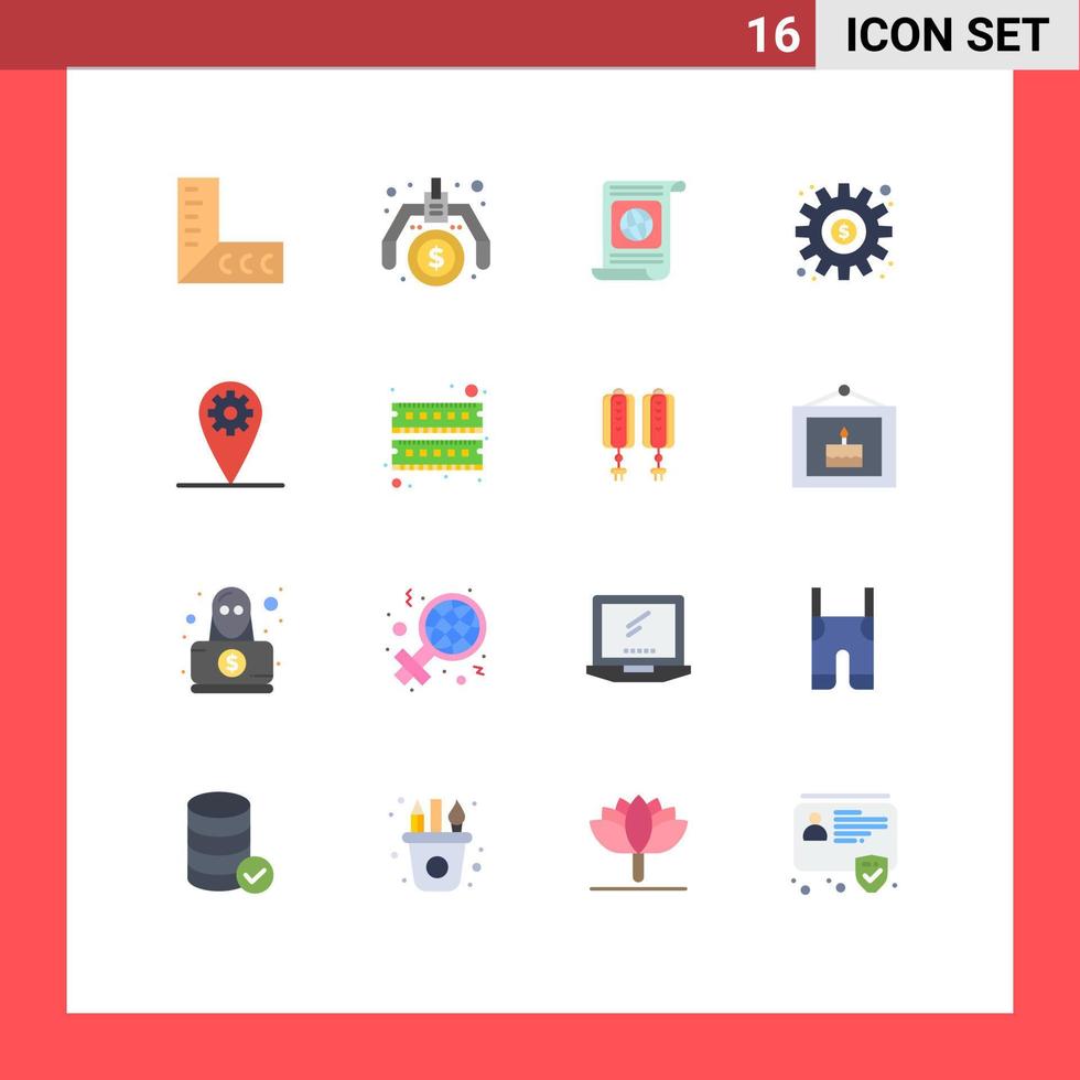 paquete de color plano de interfaz de usuario de 16 de signos y símbolos modernos de configuración de objetivos paquete editable de dólar de preferencia de elementos creativos de diseño de vectores