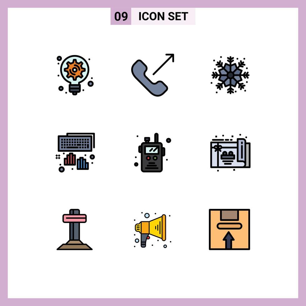User Interface Pack of 9 Basic Filledline Flat Colors of walkie talkie police radio christmas typing keyboard Editable Vector Design Elements