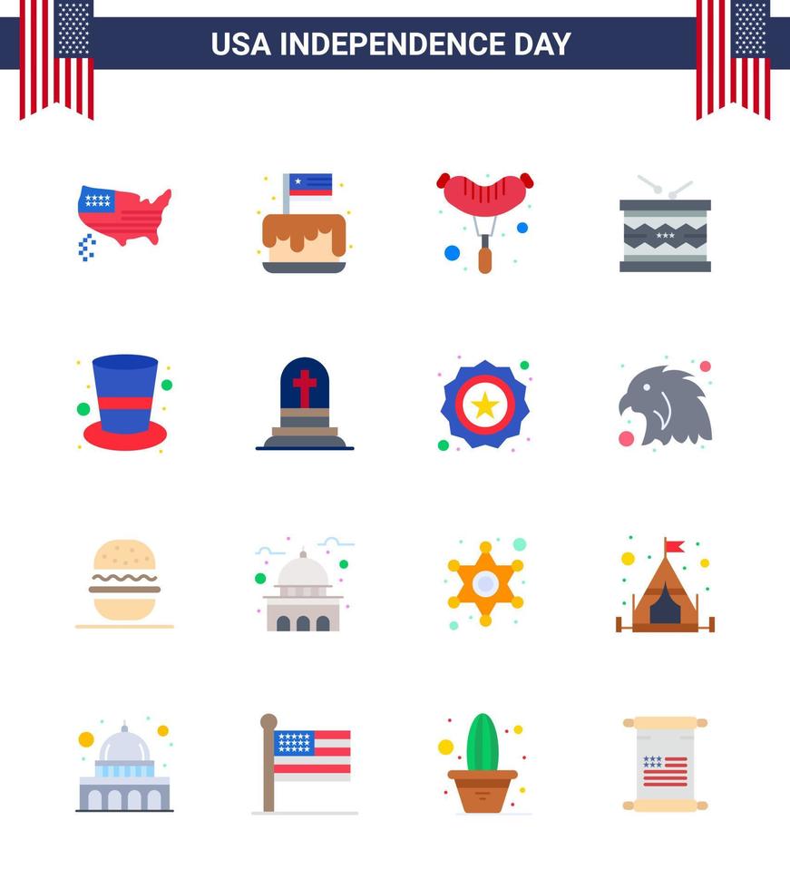 4 de julio estados unidos feliz día de la independencia icono símbolos grupo de 16 pisos modernos de american parade estados unidos tambor irlandés elementos de diseño vectorial del día de estados unidos editables vector