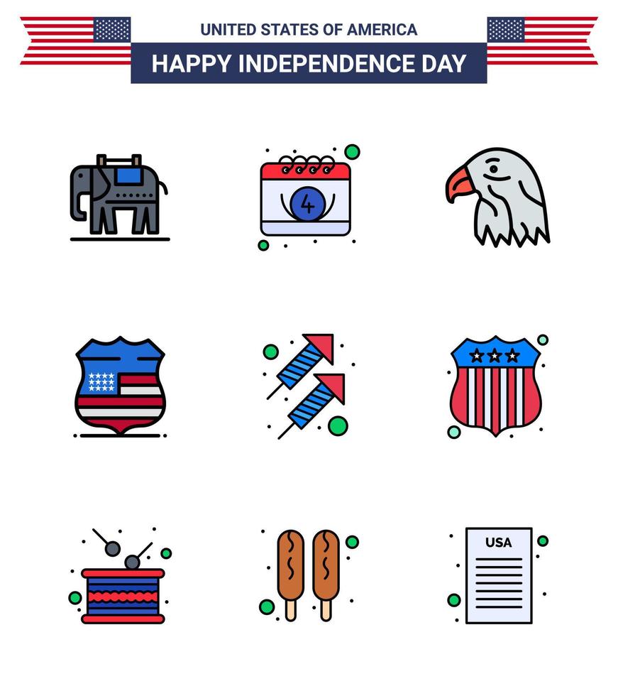 Group of 9 Flat Filled Lines Set for Independence day of United States of America such as firework celebration bird security sign Editable USA Day Vector Design Elements