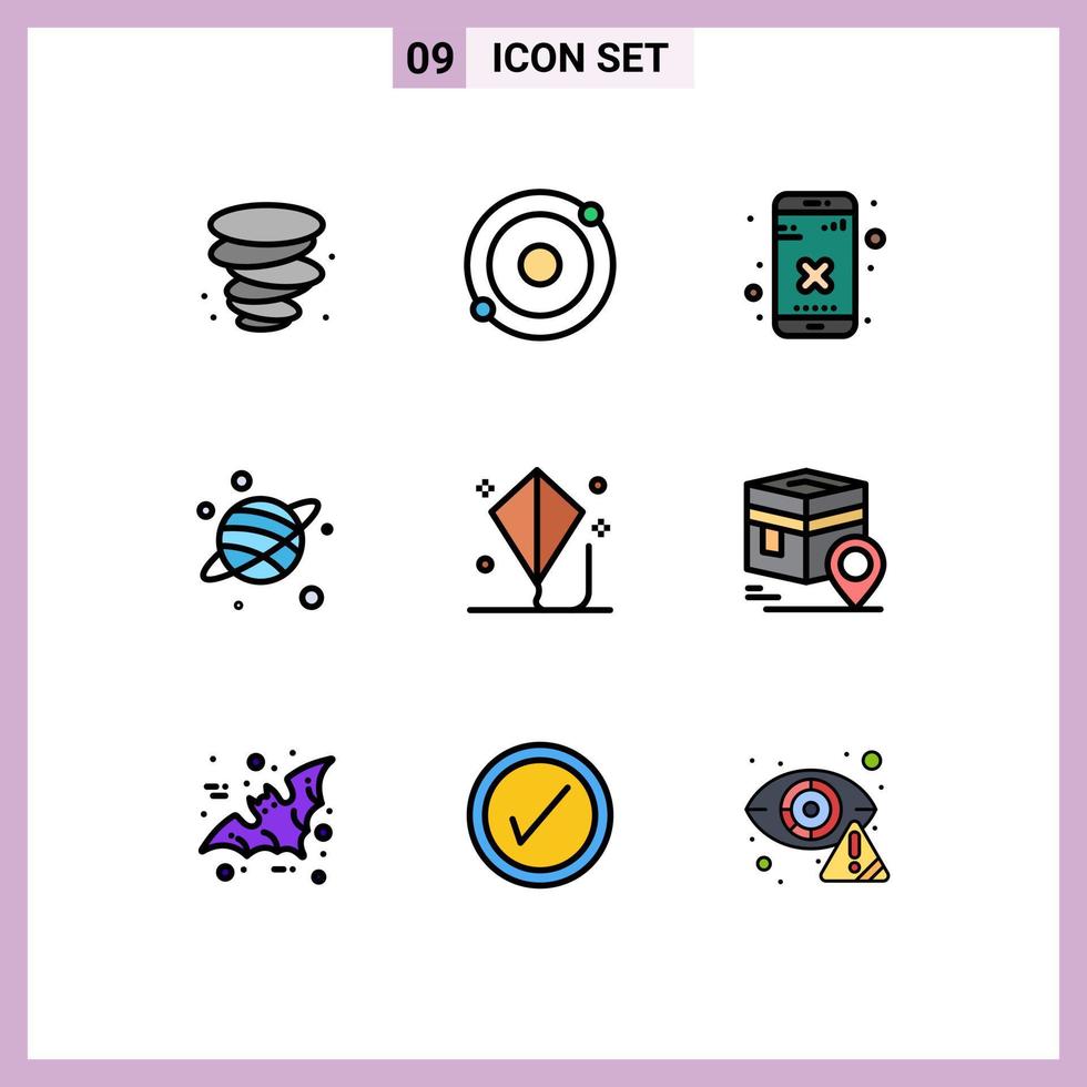 Pack of 9 Modern Filledline Flat Colors Signs and Symbols for Web Print Media such as summer kite delete fun space Editable Vector Design Elements
