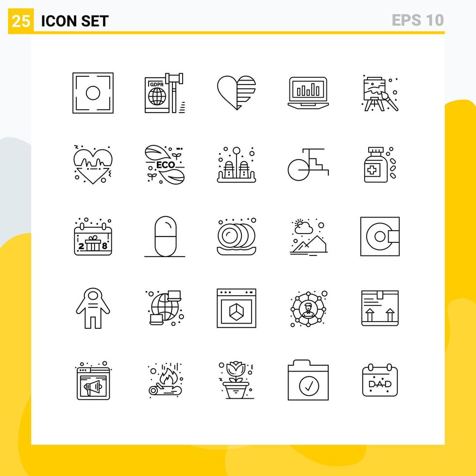 Pictogram Set of 25 Simple Lines of monitoring graph secure laptop lines Editable Vector Design Elements