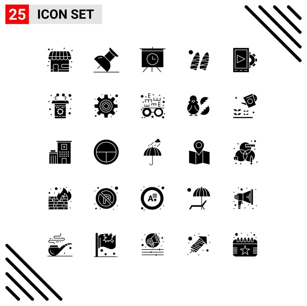 25 User Interface Solid Glyph Pack of modern Signs and Symbols of presentation setting time design sports Editable Vector Design Elements